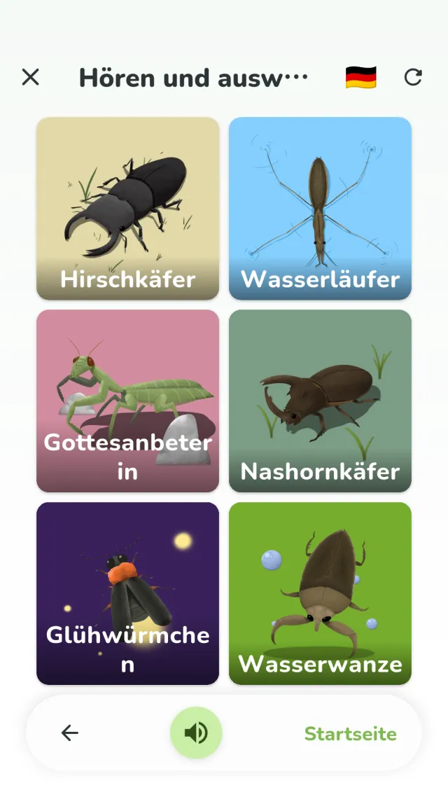 Bildschirm „Hören und auswählen“ von YumYum Words – das Bild zum gesprochenen Wort antippen