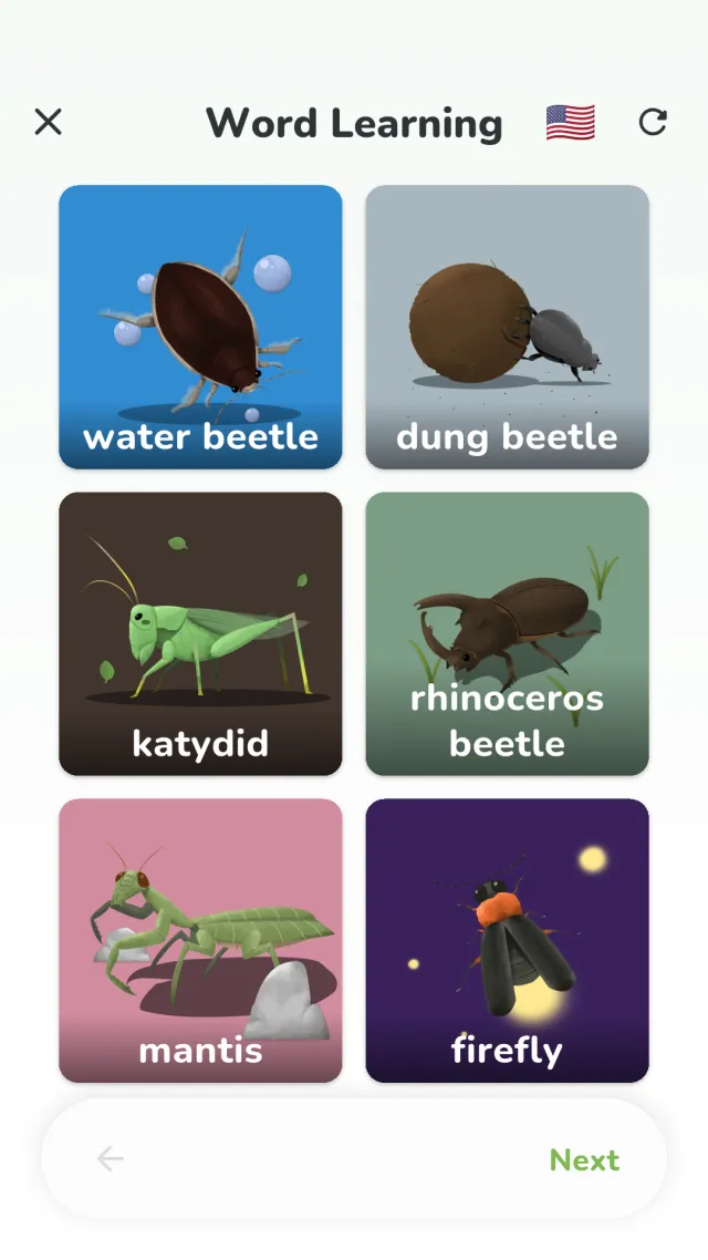 YumYum Words word learning screen — fruit picture cards shown with the word beneath