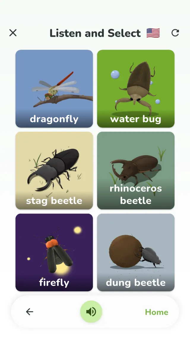YumYum Words listen and select screen — choosing the picture that matches the spoken word