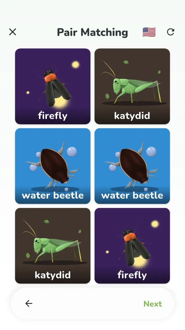 YumYum Words pair matching screen — finding two identical animal cards on the board