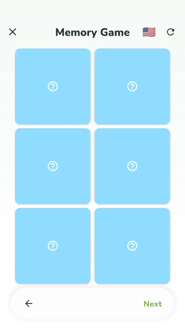 YumYum Words memory game screen — remembering where face-down cards sit to find a pair
