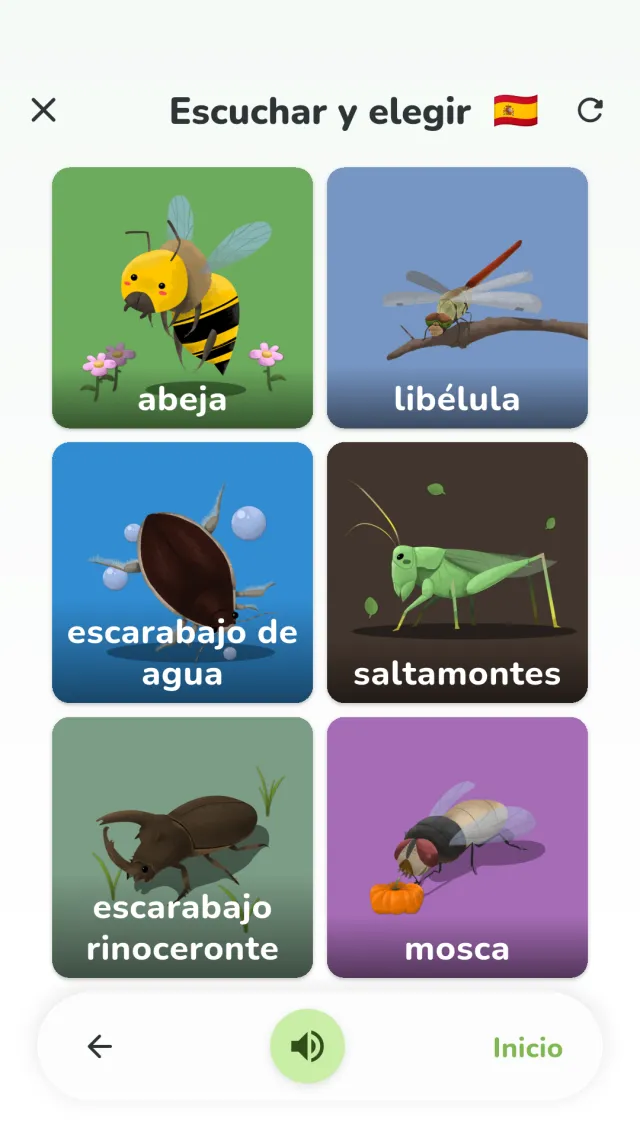 Pantalla de escuchar y elegir de YumYum Words — tocar la imagen que corresponde a la palabra
