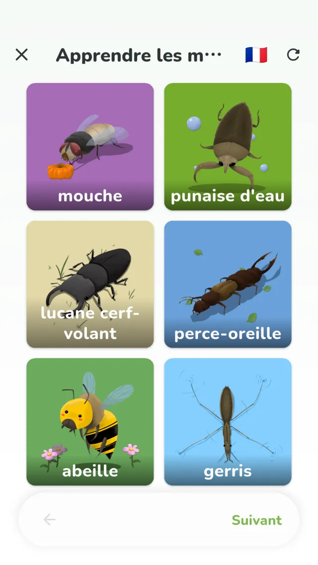 Écran d'apprentissage de YumYum Words — cartes de fruits avec le mot écrit dessous