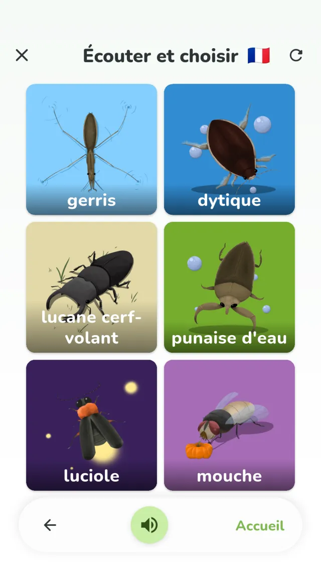 Écran écouter et choisir de YumYum Words — sélectionner l'image correspondant au mot entendu