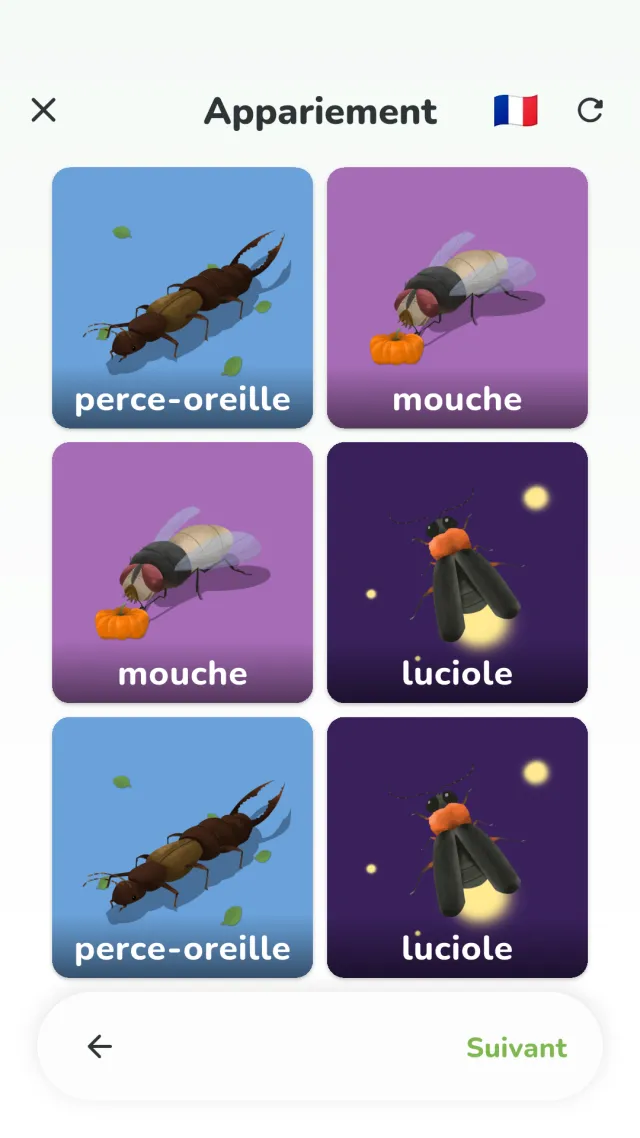 Écran d'appariement de YumYum Words — retrouver les deux cartes animaux identiques